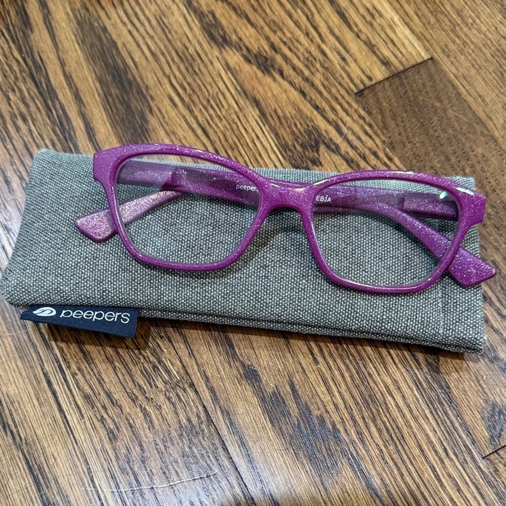 Peepers Glitz and Glam Purple Glitter Sparkle Blur Light Glasses with Case Focus